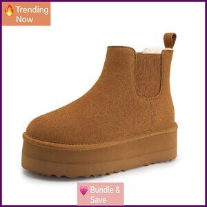 Genuine Suede Platform Snow Boots Slip On Faux Fur Ankle Boots Anti-Slip